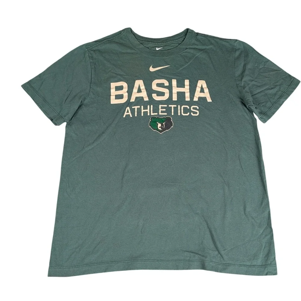 Nike Basha Athletics Men Green‎ Short Sleeve Graphic T-Shirt Grizzly Bear Mascot